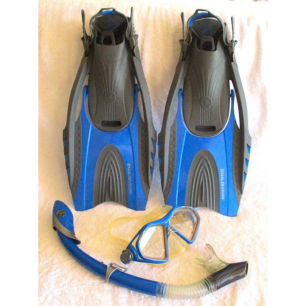 US Divers Snorkel Set Dark Blue L/XL Fins Tempered Mask Dry Top Snorkel with Bag